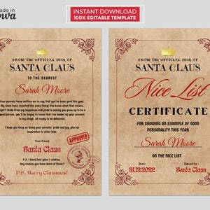 Download instantâneo de carta editável do Papai Noel e certificado de lista de simpáticos, carta personalizada do Papai Noel, modelo para impressão de carta do Papai Noel