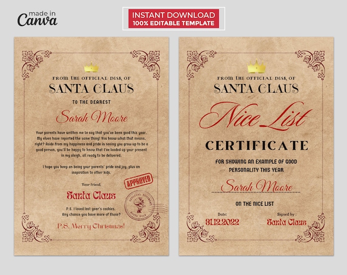 Instant Download Editable Santa Letter and Nice List Certificate ...