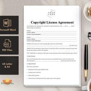 May include: A copyright license agreement document with the title "Copyright License Agreement" is displayed. The document is accompanied by icons for Microsoft Word, PDF files, and US Letter & A4 formats. A pen, glasses, and a cup of coffee are also present.