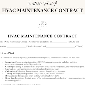 Plantilla de contrato de mantenimiento de sistemas de calefacción, ventilación y aire acondicionado (HVAC) / Contrato de servicio de calefacción y refrigeración editable / Contrato de mantenimiento preventivo de sistemas de calefacción, ventilación y aire acondicionado (HVAC)