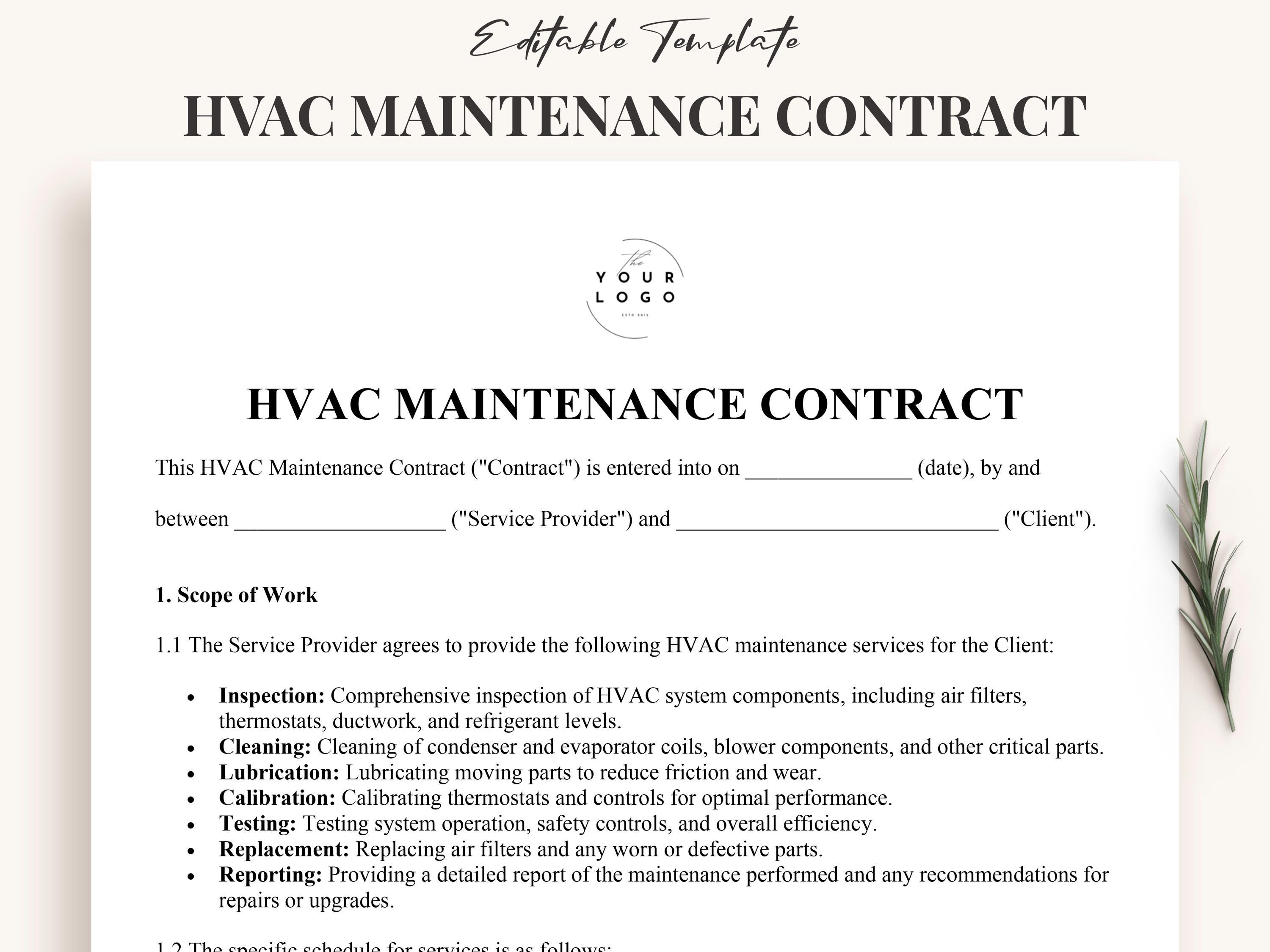 HVAC Maintenance Contract Template | Editable Heating & Cooling Service Agreement | HVAC Preventive Maintenance | Air Conditioning Contract