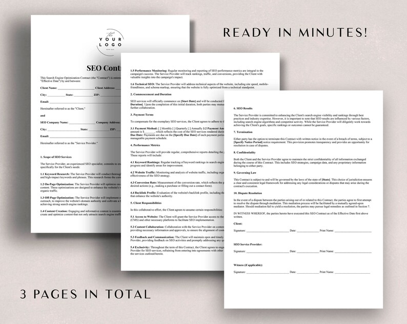 Puede incluir: Una plantilla de contrato SEO en blanco y negro con el t&iacute;tulo "SEO Contract" y el texto "READY IN MINUTES!" en la parte superior de la p&aacute;gina. El contrato incluye secciones para la informaci&oacute;n del cliente y del proveedor de servicios, el alcance de los servicios, las m&eacute;tricas de rendimiento y las condiciones de pago.