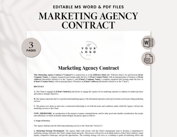 Marketing Agency Service Agreement PDF Template - Professional Contract for Marketing Strategy, Content Creation, Social Media Management