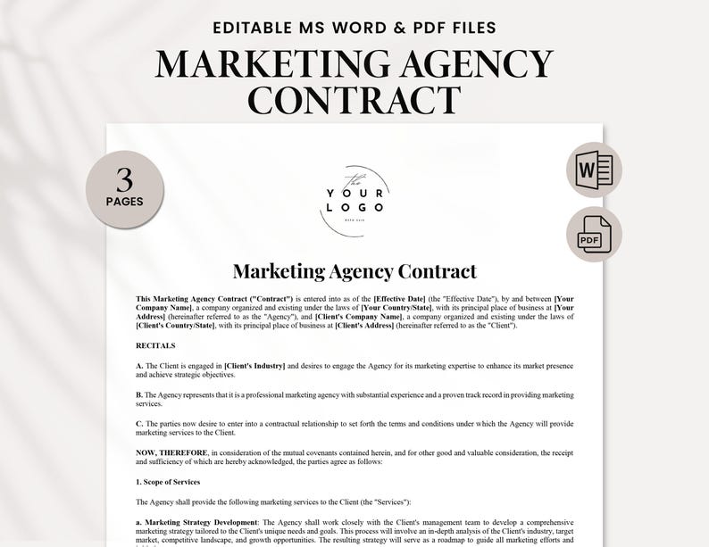 PDF-sjabloon serviceovereenkomst marketingbureau: professioneel contract voor marketingstrategie, contentcreatie, beheer van sociale media afbeelding 1