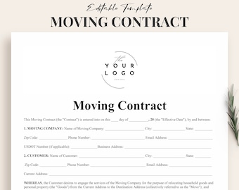 May include: A black and white printable moving contract template with the text "Moving Contract" and "The Your Logo" in a circle. The template includes sections for the moving company and customer information, including name, address, phone number, and email address.