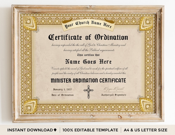 Ordination Certificate Template, Gospel Ministry Certificate Template, Editable Certificate Of Ordination,Credential of Ministry Certificate