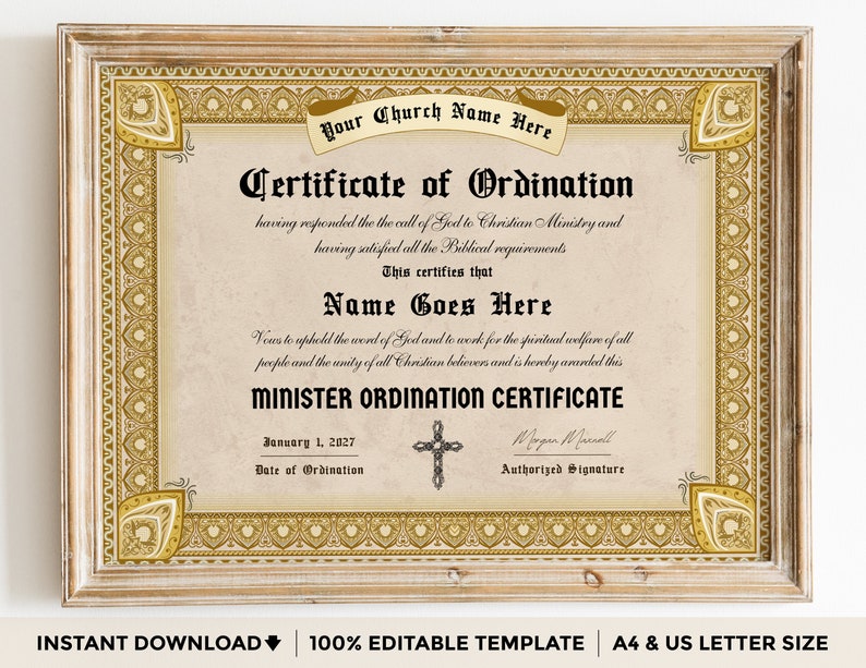 K&ouml;nnte beinhalten: Ein druckbares Ordinationsschein mit goldener Umrandung und verziertem Design. Der Text lautet "Ordinationsschein" und "Minister-Ordinationsschein".