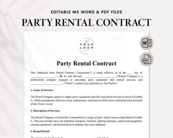 Party Rental Contract, Event Rental Agreement, Chair Rental Agreement, Tent Rental Agreement, Party Rental Waiver, Bar Rental Contract