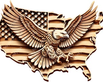 Mappa degli Stati Uniti con aquila patriottica - Bandiera americana in legno con incisione laser - File artistico in legno stratificato 3D - File PNG con bruciatura laser - Download istantaneo di file tagliato al laser