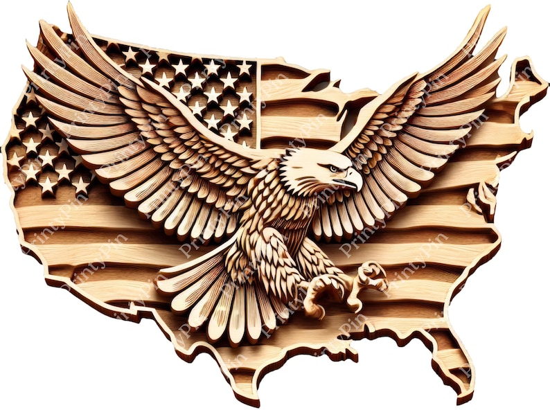 May include: A wooden carving of an American bald eagle with its wings spread, flying over a map of the United States with the American flag design.