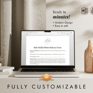 May include: A laptop computer displaying a hair stylist photo release form template on the screen. The form is titled "Hair Stylist Photo Release Form". The laptop is on a white surface with a book and two vases with dried flowers.