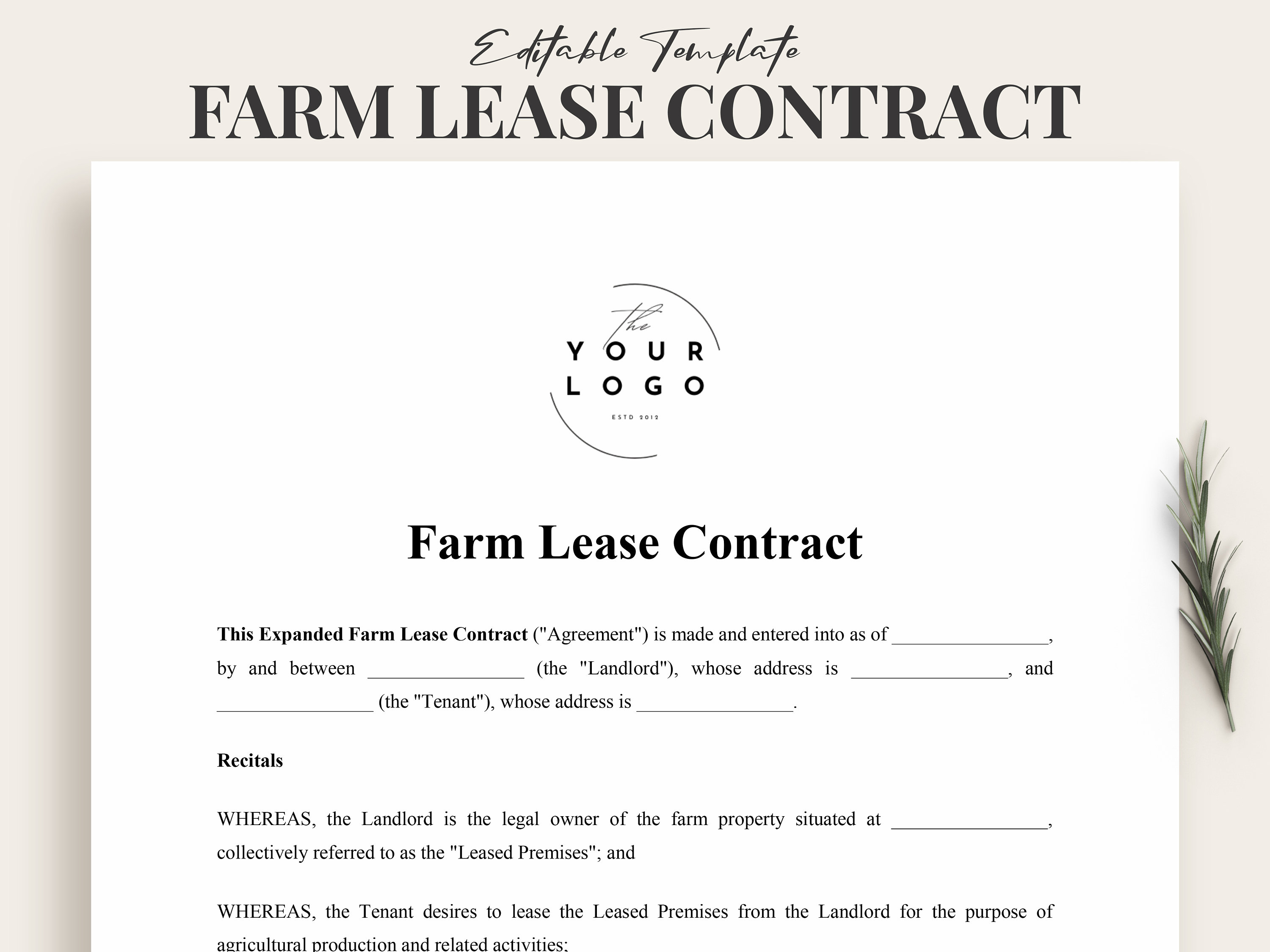 Farm Lease Contract Template - Editable Farm Land Rent Agreement ...