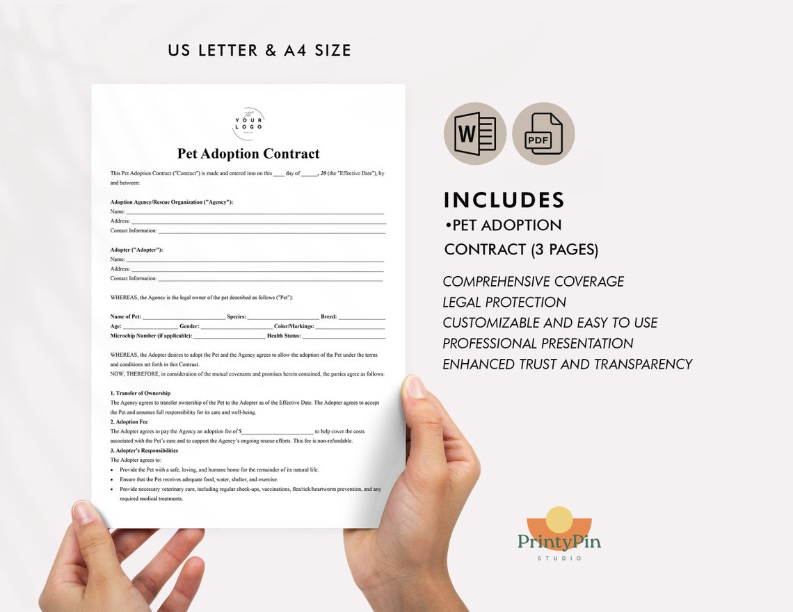 Pet Adoption Contract Template - Printable Pet Agreement Form for ...