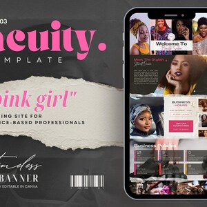 May include: A pink and black mobile phone screen displaying a website for a beauty salon. The website features a welcome message, a section about the stylist, business hours, a 25% off sale, and business policies. The website is titled "pink girl" and is a booking site for service-based professionals.