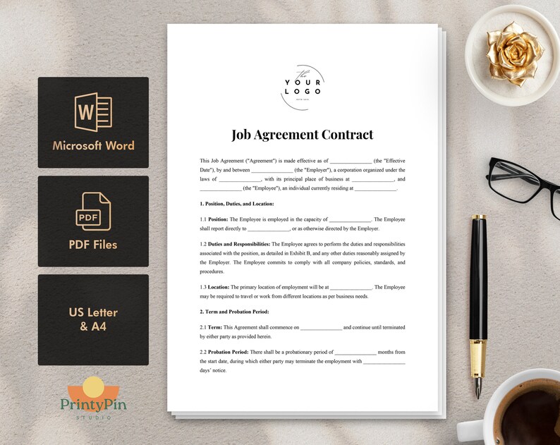 Job Agreement Contract Template - Professional Employment Document ...