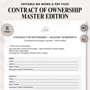 Puede incluir: Un documento blanco titulado "CONTRACT OF OWNERSHIP MASTER EDITION" con archivos MS Word y PDF editables. El documento incluye campos para la información de las partes, los detalles del acuerdo y la información de contacto. El documento tiene un logotipo e iconos para archivos de Word y PDF.