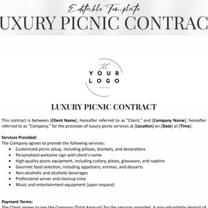Luxury Picnic Contract Template | Customizable Agreement for Outdoor Dining Events | Word & PDF | Instant Download