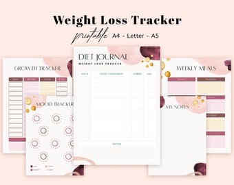 May include: Printable weight loss tracker with a soft pink and burgundy color scheme. Includes sections for diet journal, growth tracker, mood tracker, and weekly meals. The text "Weight Loss Tracker" is at the top.