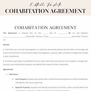 Cohabitation Agreement Template - Customizable Document for Couples - Printable Instant Download PDF & Word
