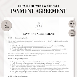 Pode incluir: Documento de Acordo de Pagamento com título em negrito em preto. O documento inclui seções para as partes contratantes e o escopo do acordo. Disponível em arquivos MS Word e PDF editáveis. O documento tem 3 páginas.