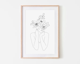 Line art woman flowers, Line art woman face, Line drawing woman face, One line art woman face, Face with flowers art, Line art woman digital