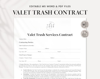 Valet Trash Services Contract Template | Editable & Printable Waste Removal Agreement Form PDF - Instant Download