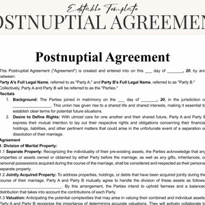 Comprehensive Postnuptial Agreement Template Word & PDF - Detailed Contract for Marital Asset Division
