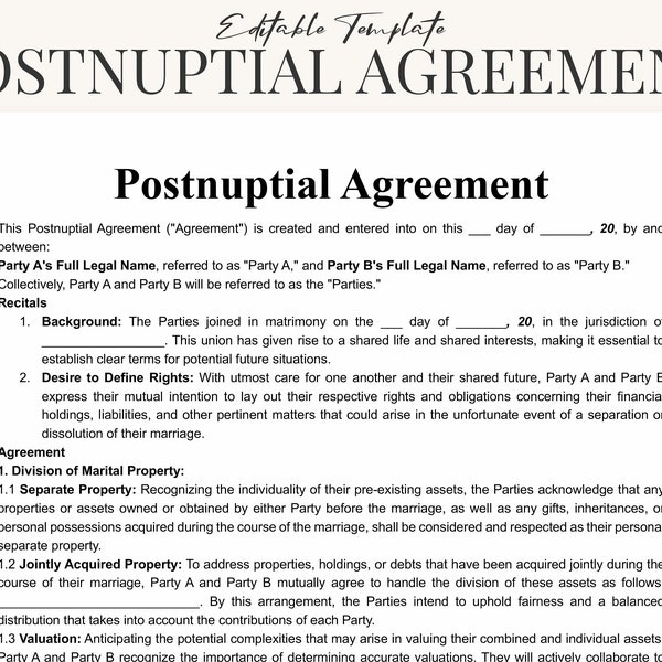 Comprehensive Postnuptial Agreement Template Word & PDF - Detailed Contract for Marital Asset Division