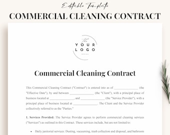 Modèle de contrat de nettoyage commercial professionnel - Contrat de nettoyage personnalisable, services de nettoyage de bureau de conciergerie, téléchargement immédiat