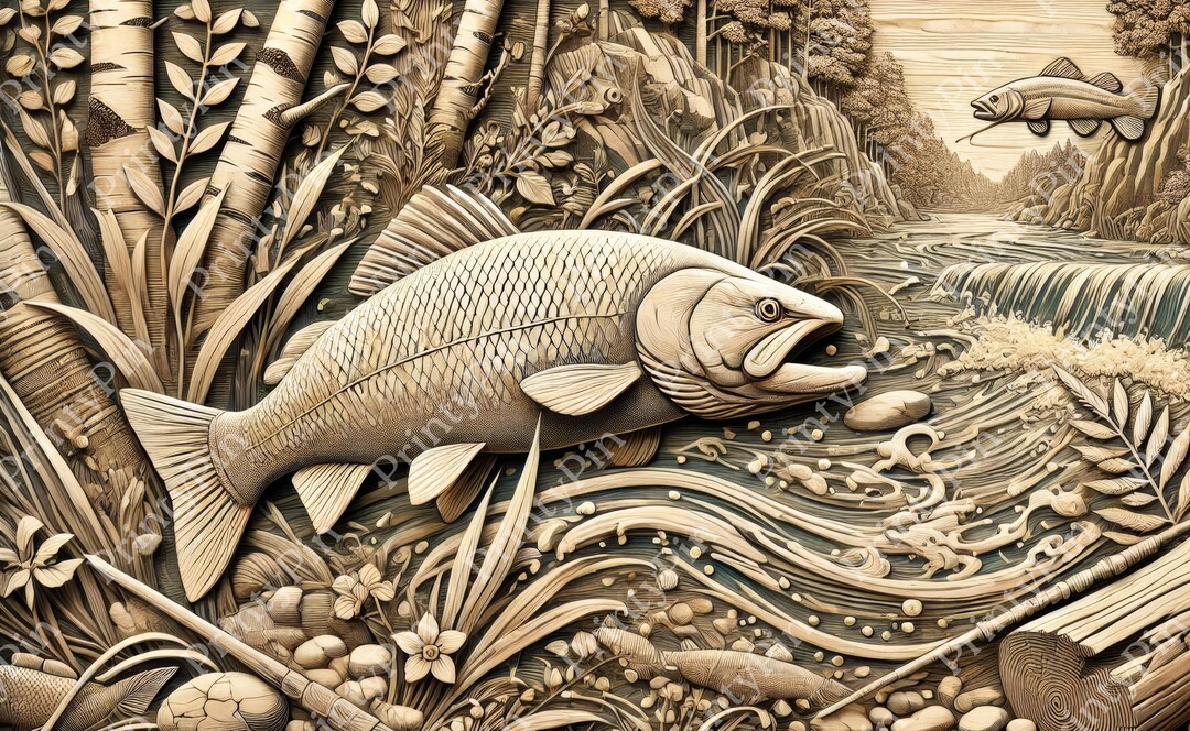 3D Wood Engraving Design | Detailed Fish Scene PNG File | Rustic River ...