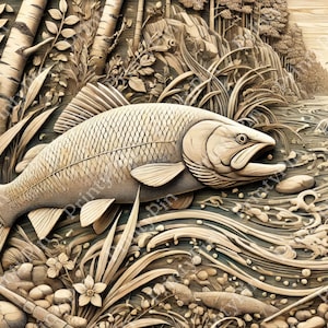 3D Wood Engraving Design | Detailed Fish Scene PNG File | Rustic River Wildlife Art for Laser Engraving | Laser Burn File | Glowforge, xtool
