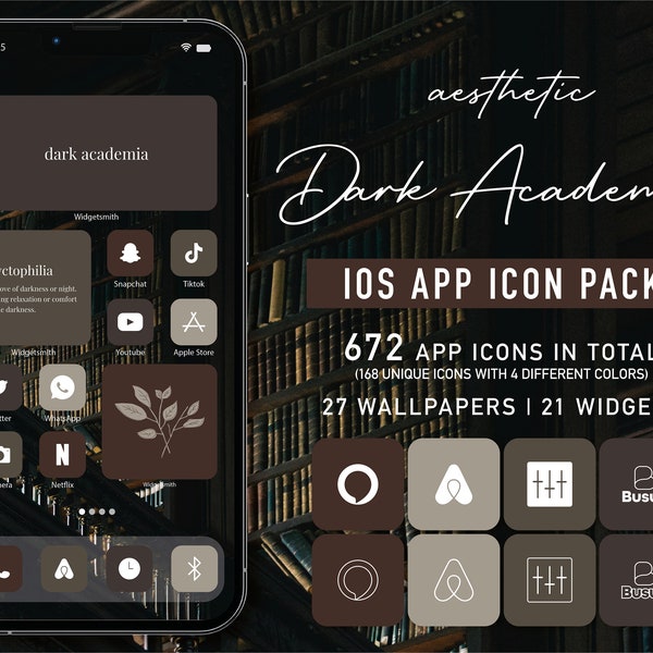 Dark Academia App Icons - iOS Theme Pack for iOS 14 & iOS 15, 16, Wallpaper, iPhone Widgets | Neutral, Light Brown, Dark Academia Aesthetic