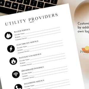 May include: A printable checklist for keeping track of utility providers. The checklist includes sections for water, electricity, natural gas, broadband internet, and telephone service. Each section has space to write the provider name, website, and customer service number.