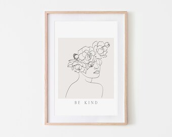 Minimalist Female Line Drawing, Modern Flowers Woman Print, Woman with Flower Line Art, Woman Line Art, Line Art Poster, Head of Flowers Art
