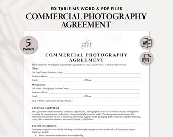 Commercial Photography Contract Template - Photography Client Agreement for Branding, Product, Fashion & Corporate Shoots- Editable PDF Word