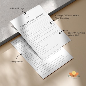 May include: Two white Copyright License Agreement documents with text and space for a logo. The documents are angled on a neutral surface. Text on the documents includes "Add Your Logo", "Change Colors to Match Your Branding", and "Edit with Ms Word & Adobe PDF".