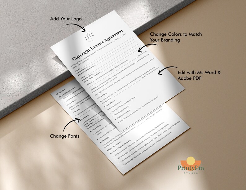 May include: Two white Copyright License Agreement documents with text and space for a logo. The documents are angled on a neutral surface. Text on the documents includes "Add Your Logo", "Change Colors to Match Your Branding", and "Edit with Ms Word & Adobe PDF".