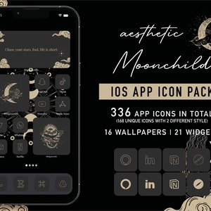 May include: A phone screen displaying a collection of app icons with a crescent moon and star design. The text "aesthetic Moonchild" and "IOS App Icon Pack" is displayed on the screen. The text "336 App Icons in Total (168 Unique Icons with 2 Different Styles) 16 Wallpapers | 21 Widgets" is also displayed.