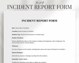 Puede incluir: Un formulario de informe de incidentes imprimible con secciones para la fecha, la ubicación, el tipo de incidente, los detalles del incidente, los testigos, las lesiones o los daños y las medidas inmediatas tomadas.