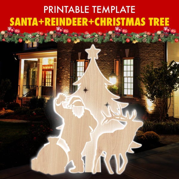 Weihnachten Silhouette Dekor Vorlage, DIY Weihnachtsmann + Rentier + Weihnachtsbaum Outdoor Dekoration, Printable Stencil Pdf, Weihnachtsszene