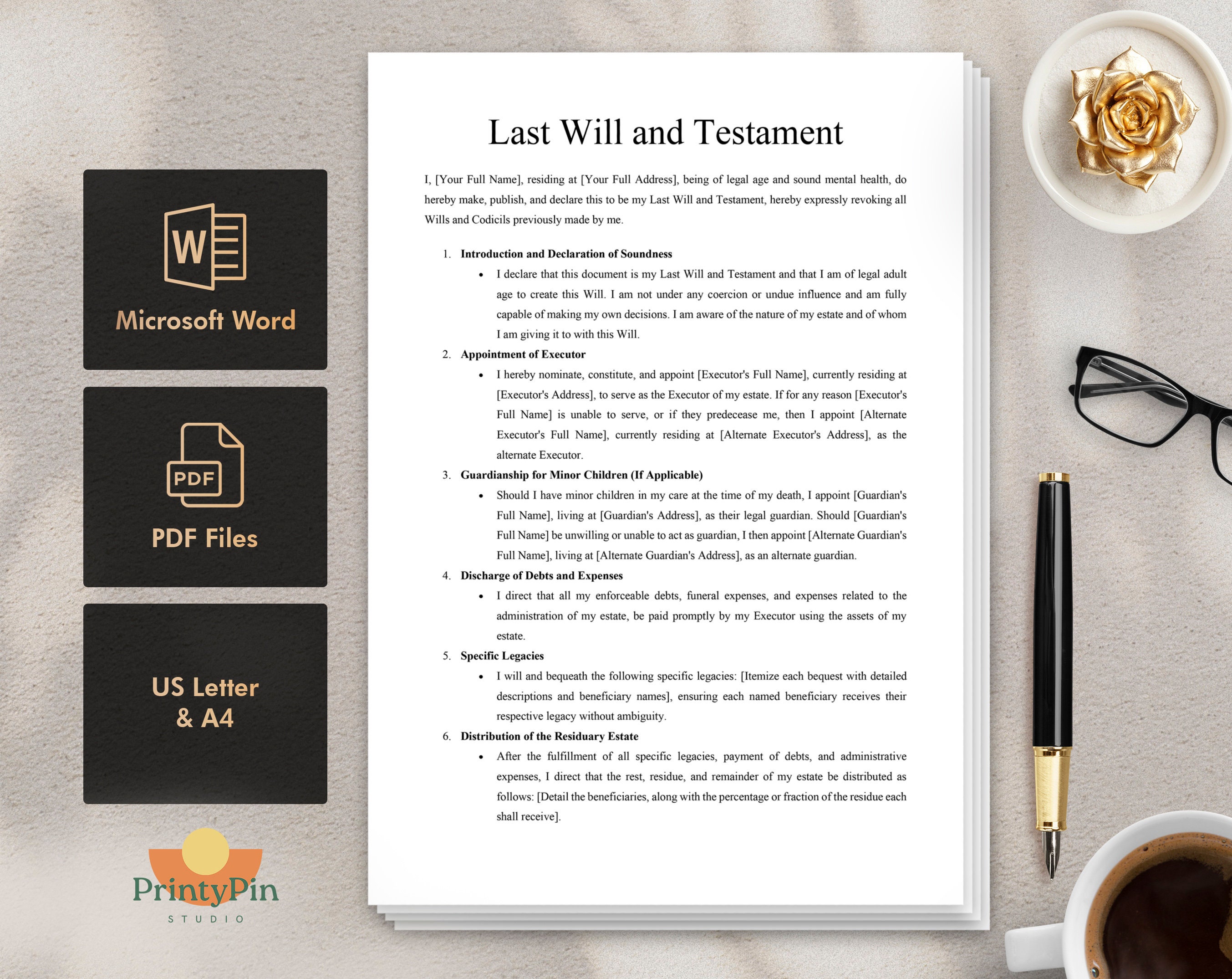last will and testament template - printable legal document for