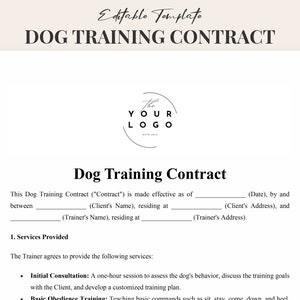 Dog Training Contract Template - Customizable Pet Training Agreement - Instant Download - Professional Dog Trainer Form PDF
