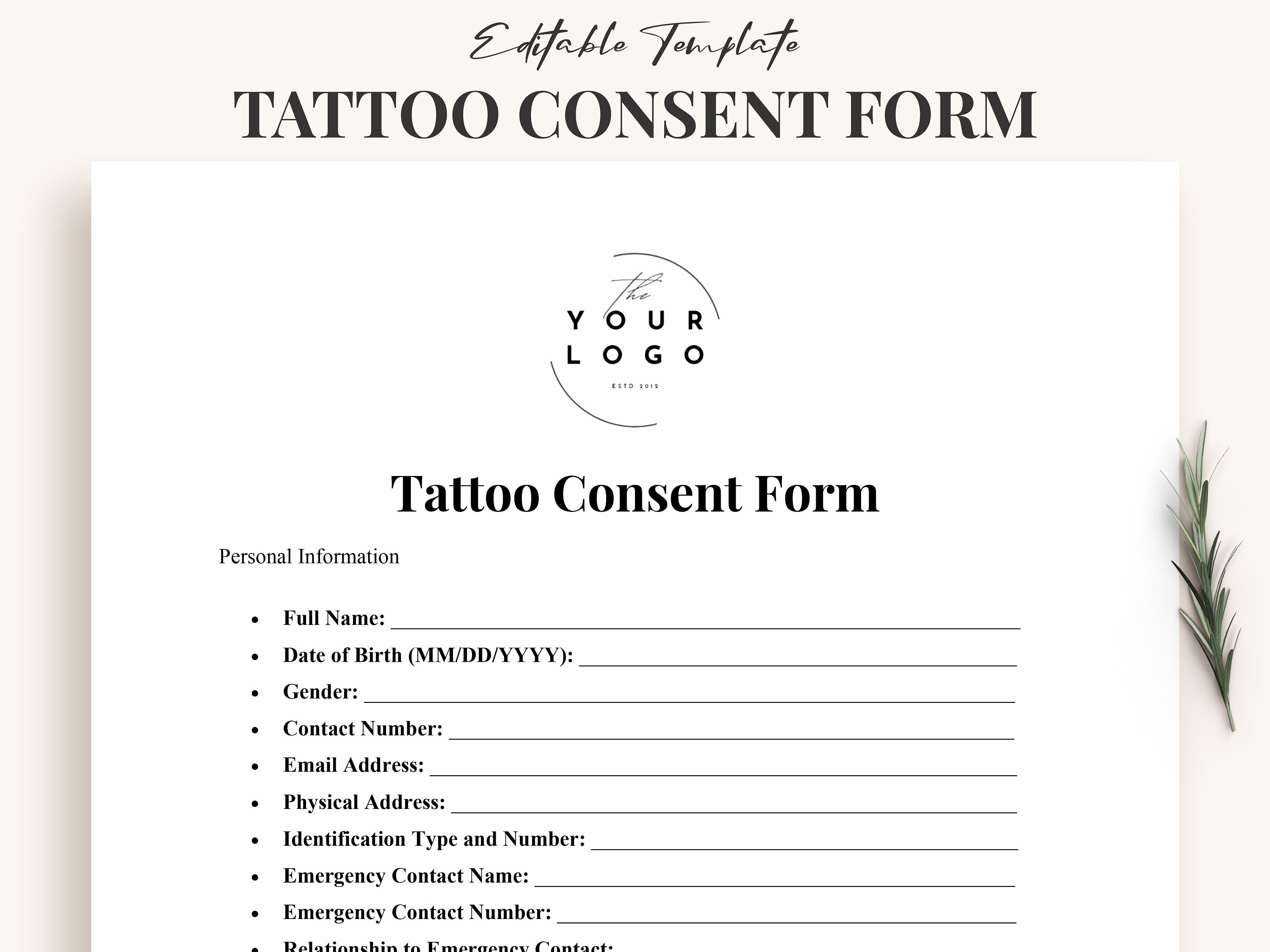 tattoo consent form template - professional tattoo studio client