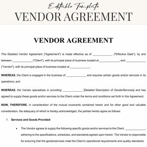 Vendor Agreement Template Word / PDF - Customizable Business Contract - Instant Download for Small Business Owners & Entrepreneurs