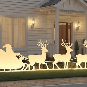 Plantilla de arte para jardín con trineo de Papá Noel y renos: decoración navideña de siluetas para exteriores, archivos SVG, DXF, PDF, cortados con láser CNC, patrón imprimible para decoración de césped