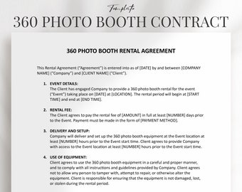 May include: A 360 photo booth rental agreement contract with details about the event, rental fee, delivery and setup, and use of equipment. The contract is written in a formal, professional style.