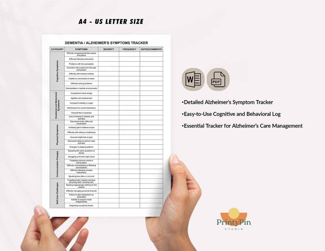 Dementia Alzheimer's Symptoms Tracker Template | Cognitive and ...