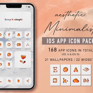 Aesthetic iPhone App iCon Pack for iOS 15 & iOS 14, Custom iPhone Home Screen Theme, Minimalist iPhone Layout, 21 Wallpapers + 22 Widgets
