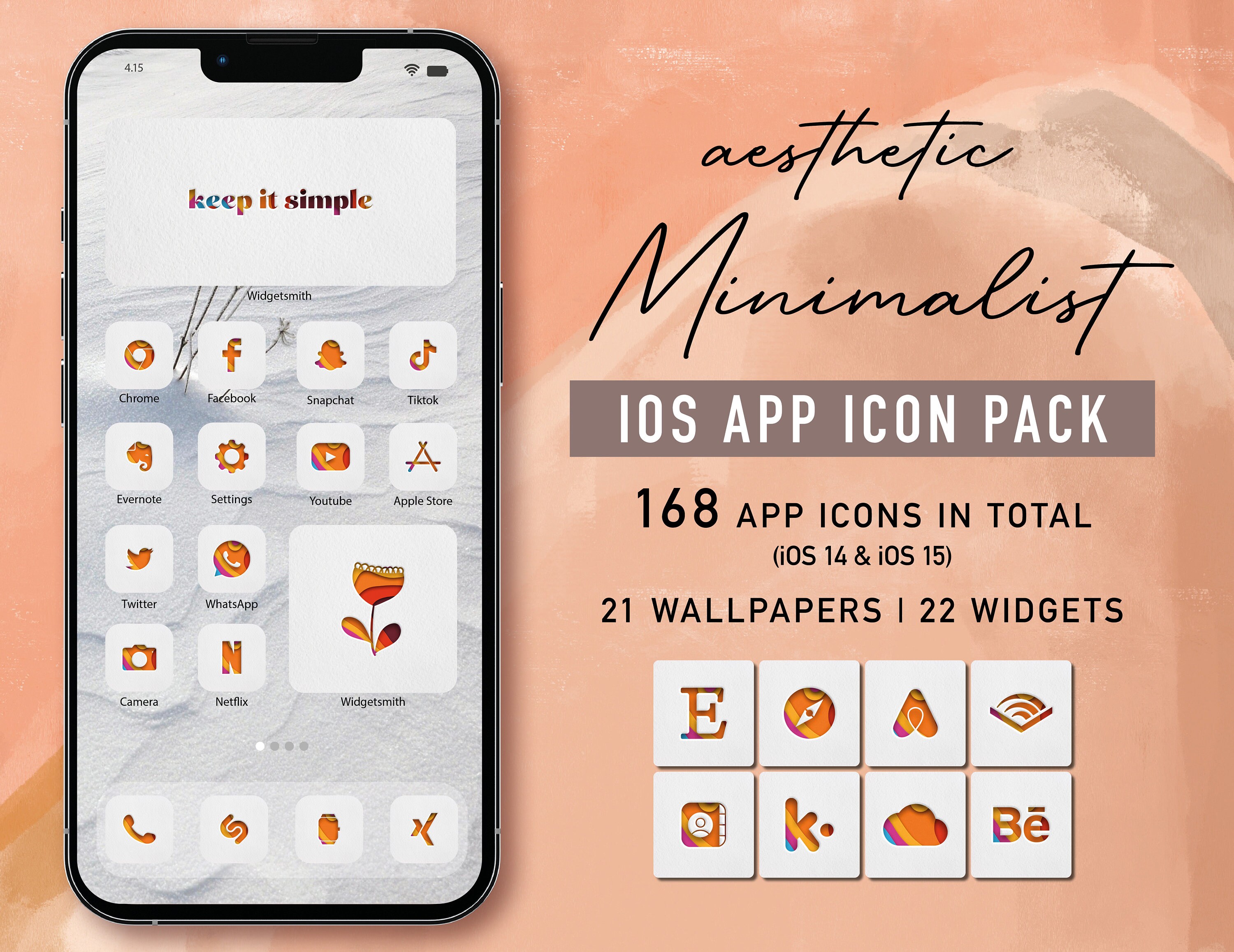 Aesthetic iPhone App iCon Pack for iOS 15 & iOS 14, Custom iPhone Home Screen Theme, Minimalist iPhone Layout, 21 Wallpapers + 22 Widgets