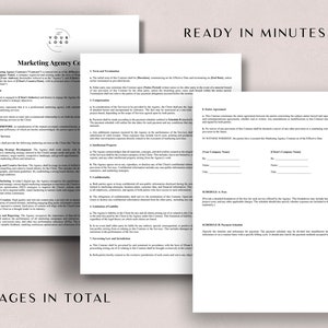 Op de afbeelding: Een zwart-witte marketing-agentschapcontracttemplate met de titel "Marketing Agency Contract" en de tekst "READY IN MINUTES!" bovenaan de pagina. Het contract bevat secties voor "Terms and Termination", "Force Majeure", "Confidentiality", "Limitation of Liability", "Governing Law and Jurisdiction", "Entire Agreement", "Notices", "Waiver", "Severability", "Assignment", "Amendments", "Schedule A: Fees", "Schedule B: Payment Schedule", en "In Witness Whereof".